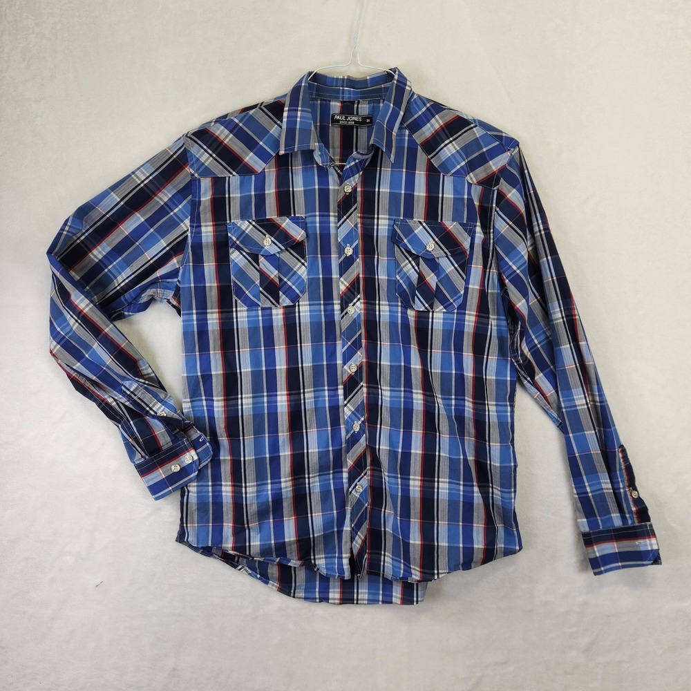 Paul Jones Since 1958 Men's Plaid Long Sleeve Western Shirt Size M Blue‎ Red
